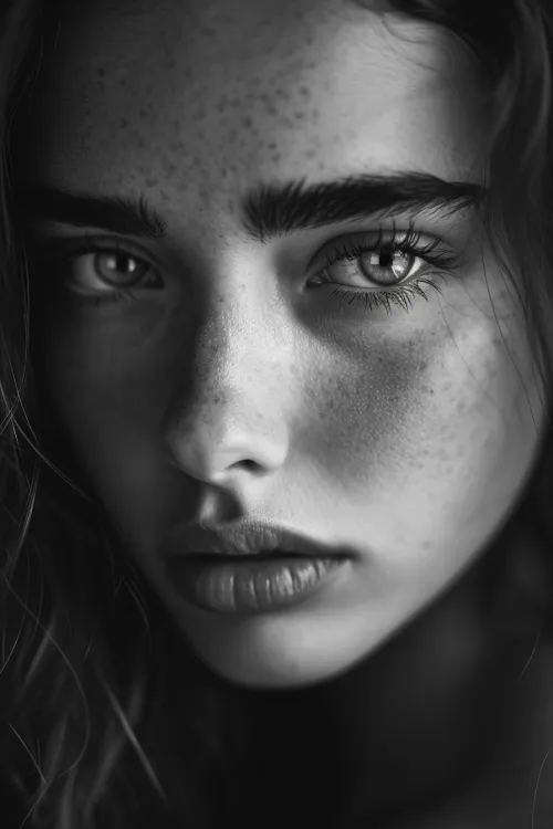 Black and white portrait of a girl with expressive eyes and freckles
