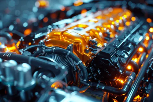 Close-up of a modern engine highlighting metal and plastic components