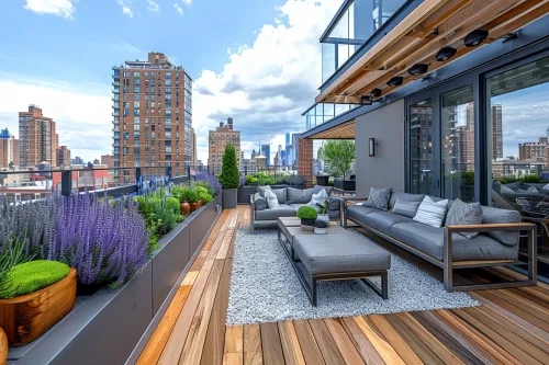 Cozy Rooftop Terrace with Furniture and Potted Flowers
