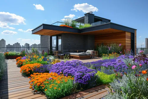 Acogedor jardín en la azotea con sofá y plantas en flor
