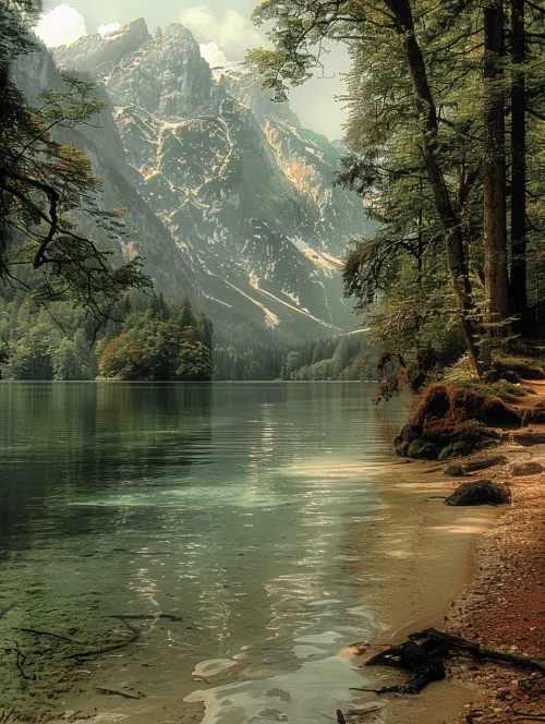 Serene lake surrounded by majestic mountains and green trees