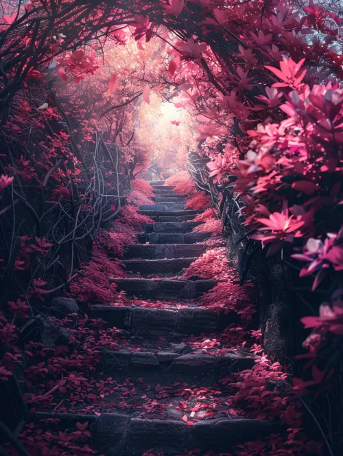 Escalera rodeada de flores coloridas y hojas verdes en un jardín