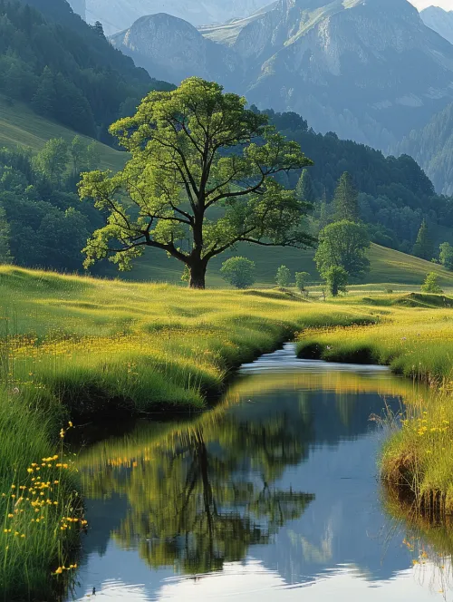 Landscape with River, Green Trees, and Mountain Background