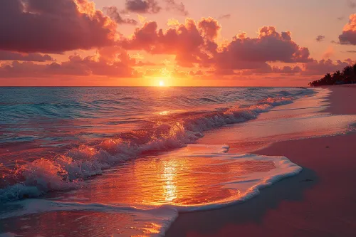 View of the sunset and ocean waves on the beach with clouds
