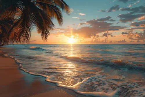 Beautiful panorama of the sunset with palm trees over the sea and clouds