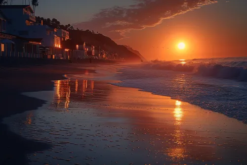 Landscape with Sunset over the Ocean and Reflection in the Water