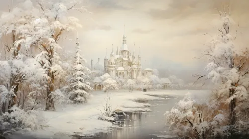 Snowy winter landscape with a majestic castle and a frozen river