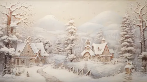 Snowy winter landscape with cozy houses surrounded by firs and mountains