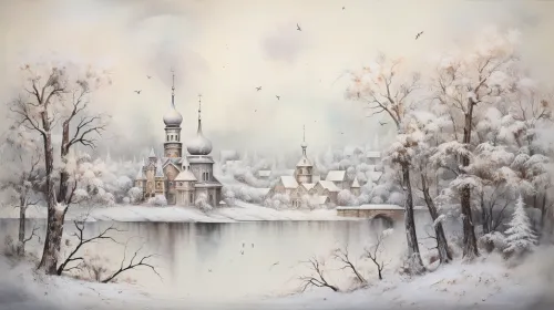 Зимний пейзаж с заснеженной церковью и деревьями рядом с озером