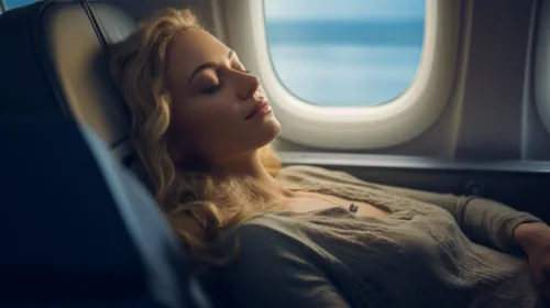 Young woman with closed eyes resting in an airplane seat by the window