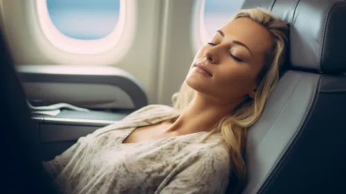 Woman quietly sleeping in an airplane seat with her eyes closed