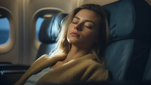 Joven mujer descansando en el asiento del avión con los ojos cerrados