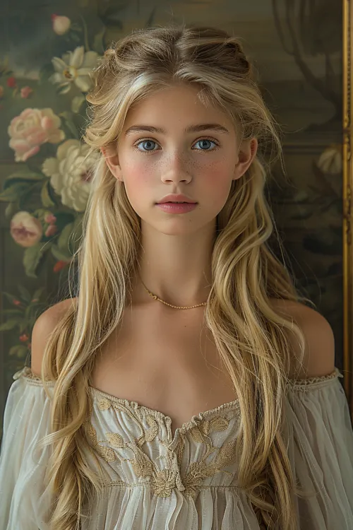 Female portrait with expressive eyes against a floral wall
