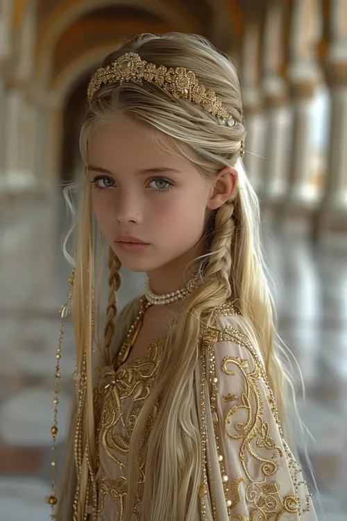 Little girl with long hair in a shimmering outfit with golden accessories