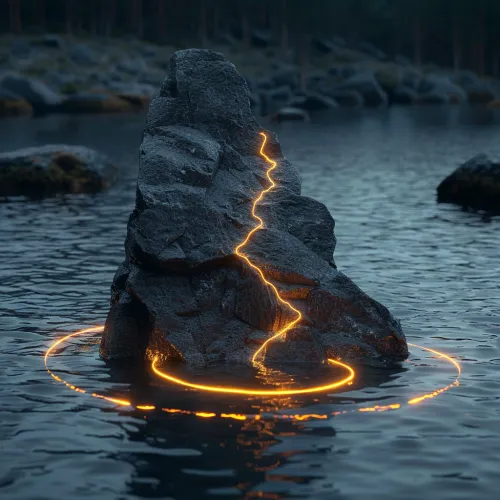 Landscape with a rock on the water, surrounded by glowing rings