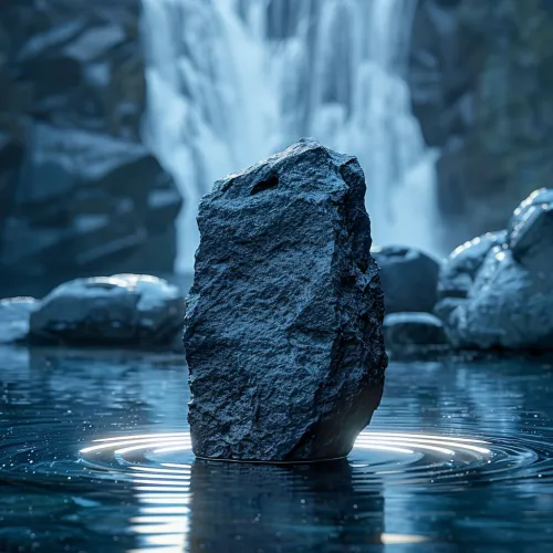 Large stone standing in the water next to a waterfall
