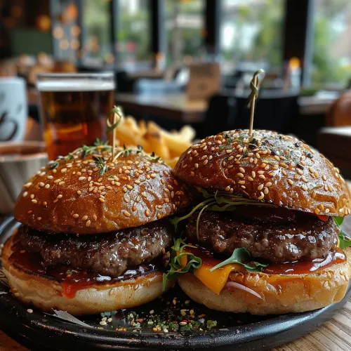 Two sesame bun burgers and French fries on the table
