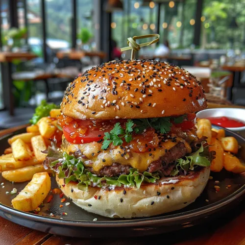 Gran hamburguesa con queso, tomates y papas fritas en un plato