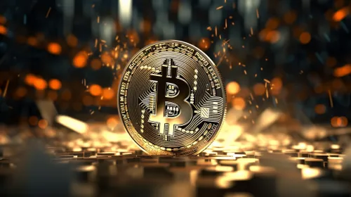 Golden Bitcoin Coin with Lights in a Digital Environment