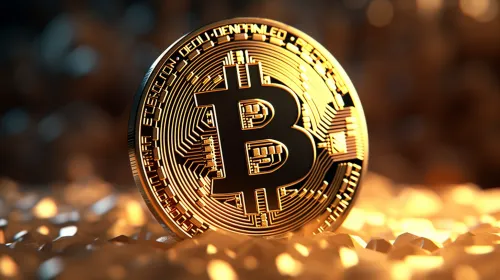 Imagen detallada de un bitcoin dorado sobre un fondo brillante