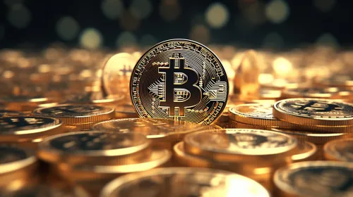 Bitcoin Among Many Golden Coins on a Light Background