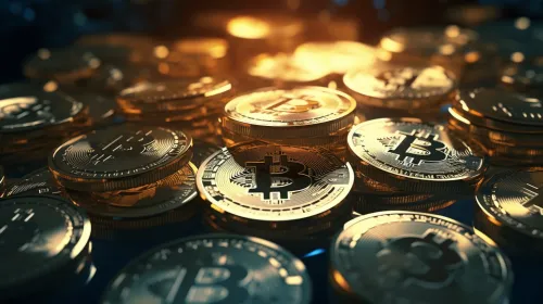Una pila de monedas doradas de bitcoin en un fondo oscuro, reflejando la luz