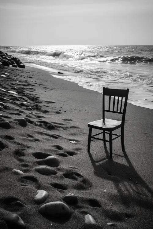 A black chair stands on the sandy beach by the sea