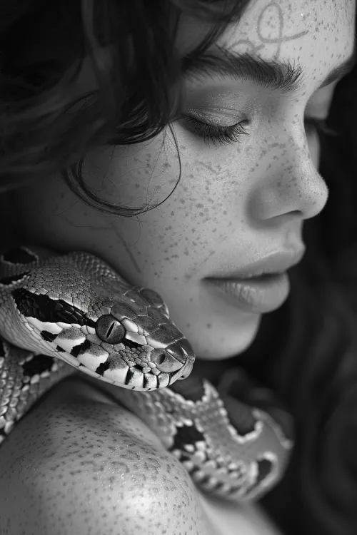 Portrait of a girl with a python, creating a contrast between her skin and the snake