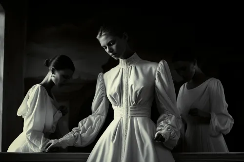 Female model in a white long-sleeved dress in front of a mirror