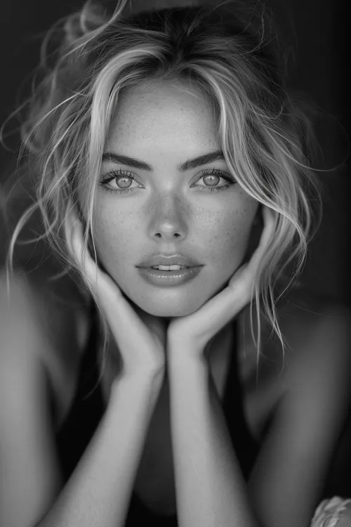 Black and white portrait of a woman with delicate facial features and luxurious hair