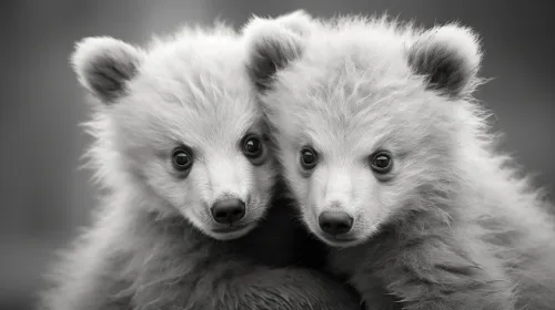 Portrait of two bear cubs gently touching each other