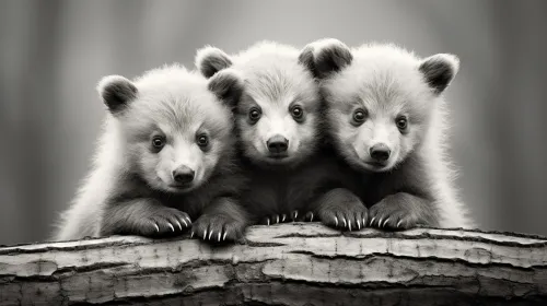 Three fluffy bear cubs sitting on a log in black and white style