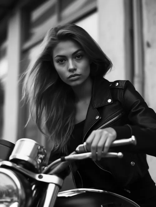 Portrait of a girl with long hair on a motorcycle in black and white style