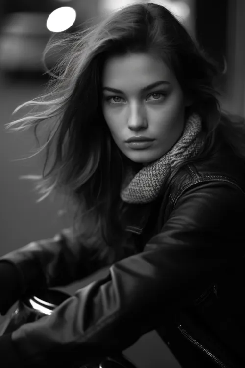 Young woman with long hair and an intense gaze in a black jacket