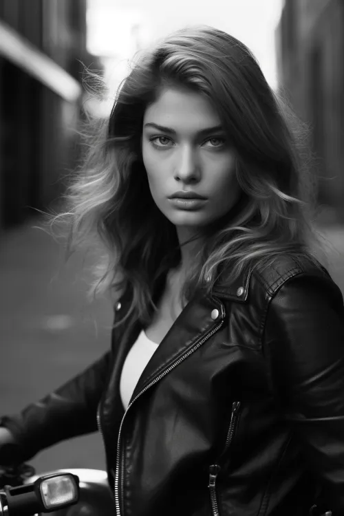 Young woman with long hair in a leather jacket on the street