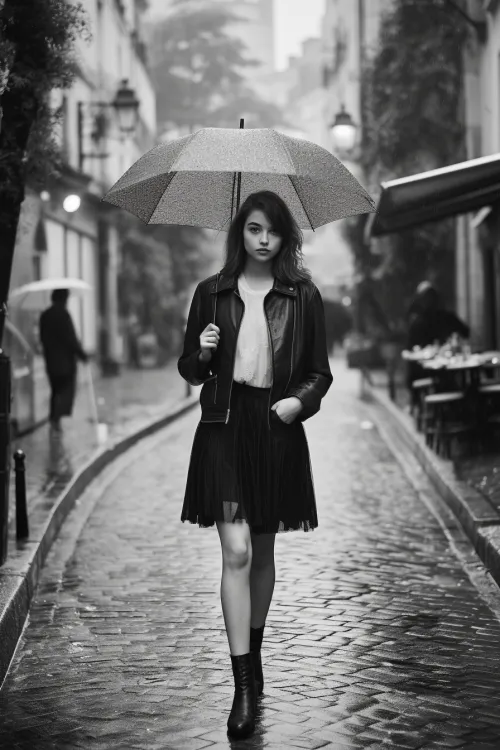 Young woman walking the streets in the rain with an umbrella