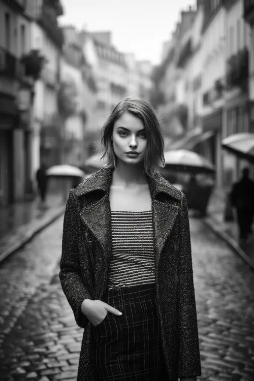 Woman in stylish outerwear and dress on the street on a rainy day