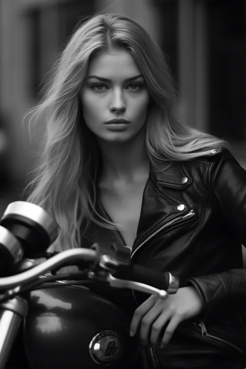 Modelo femenino con pelo largo posando sobre una motocicleta