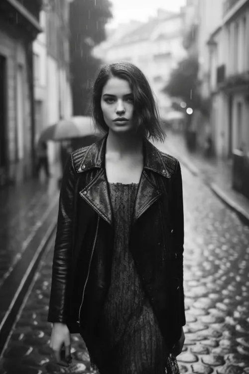 Young woman in a black jacket on the streets of the city in the rain