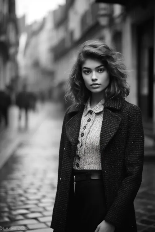 Retrato de una chica con abrigo frente a una calle de la ciudad en tonalidad en blanco y negro