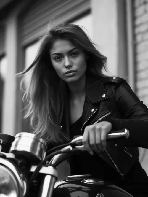 Portrait of a young woman on a motorcycle in a black leather jacket in a relaxed pose