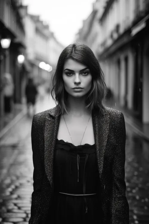 Portrait of a Woman in a Black Outfit Against a City Background in Rainy Weather