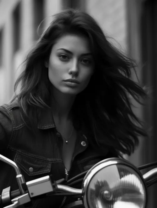 Girl with long hair posing on a motorcycle in black and white execution