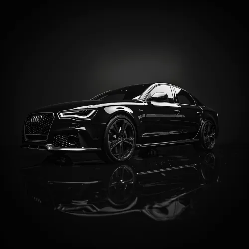 Estilizado sedán negro Audi sobre un fondo oscuro