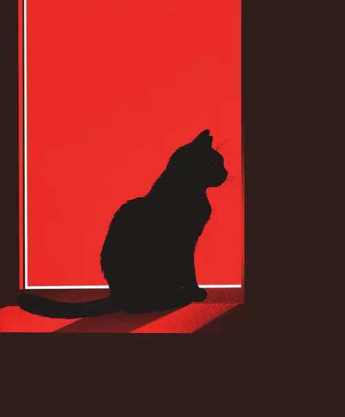 Black cat sitting on a windowsill in front of a red wall