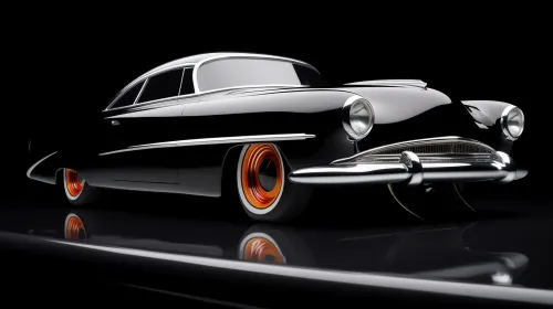 Classic black car with bright rims against a dark backdrop