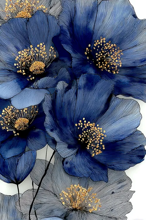 Floral compositions with blue flowers and golden stamens