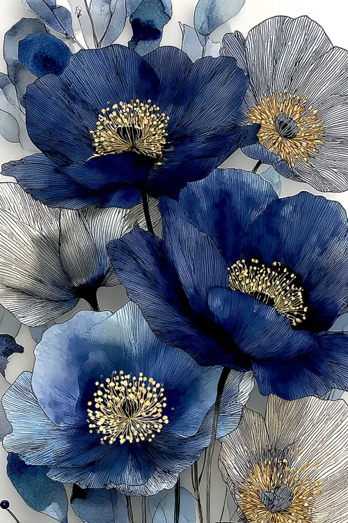 Image of blue flowers with bright yellow centers on a light background