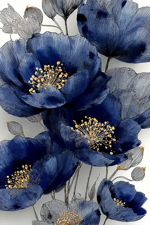 Image of flowers in blue with golden details