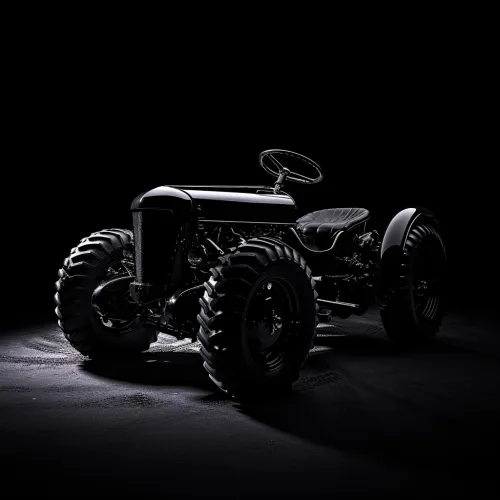 Tractor with massive wheels and a sleek design on a dark background